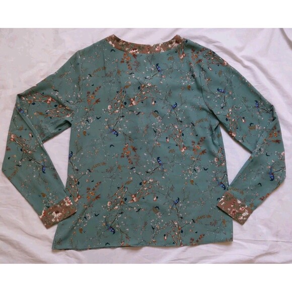 Gimmicks BKE Lace Up Peasant Top Green Floral Bird Boho Festival Womens Medium - Picture 9 of 13